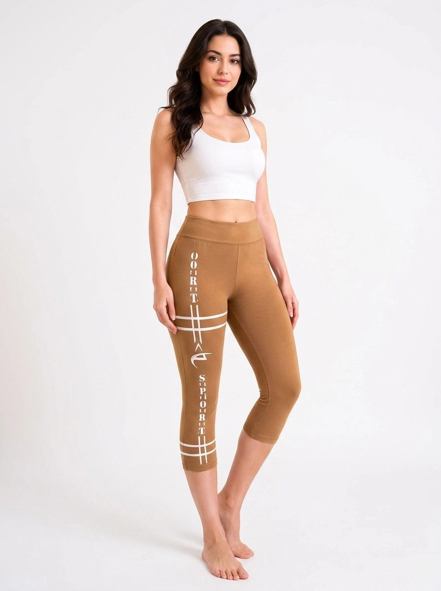 Woman_posing_in_capri_leggings_202607160152 Athletic Graphic Print Performance Capri Leggings - Image 1