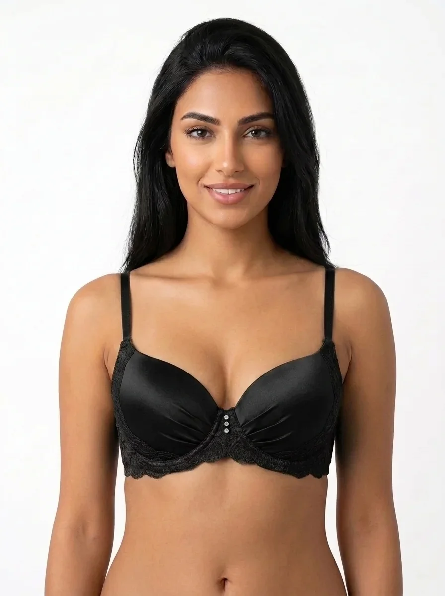 Woman_smiling_wearing_black_bra_202607310304 (1) Women's Comfort T-Shirt Bra with Lace Band and Rhinestone Accent - Image 1
