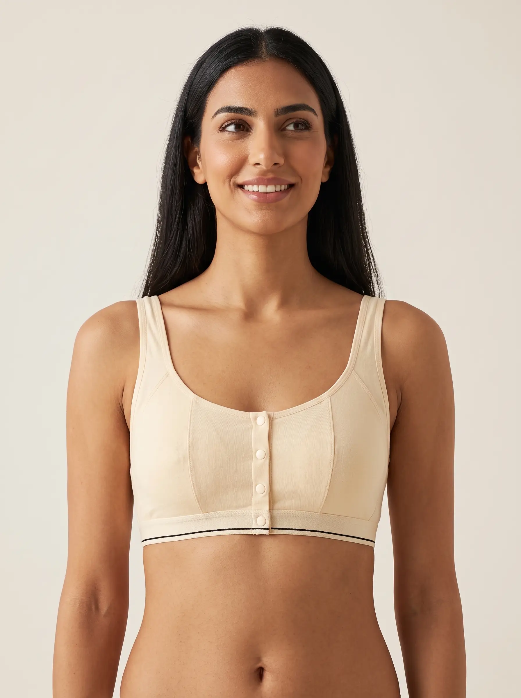 Woman_standing_with_elegant_smile_202607041708 Front-Close Sports Bra - Image 1
