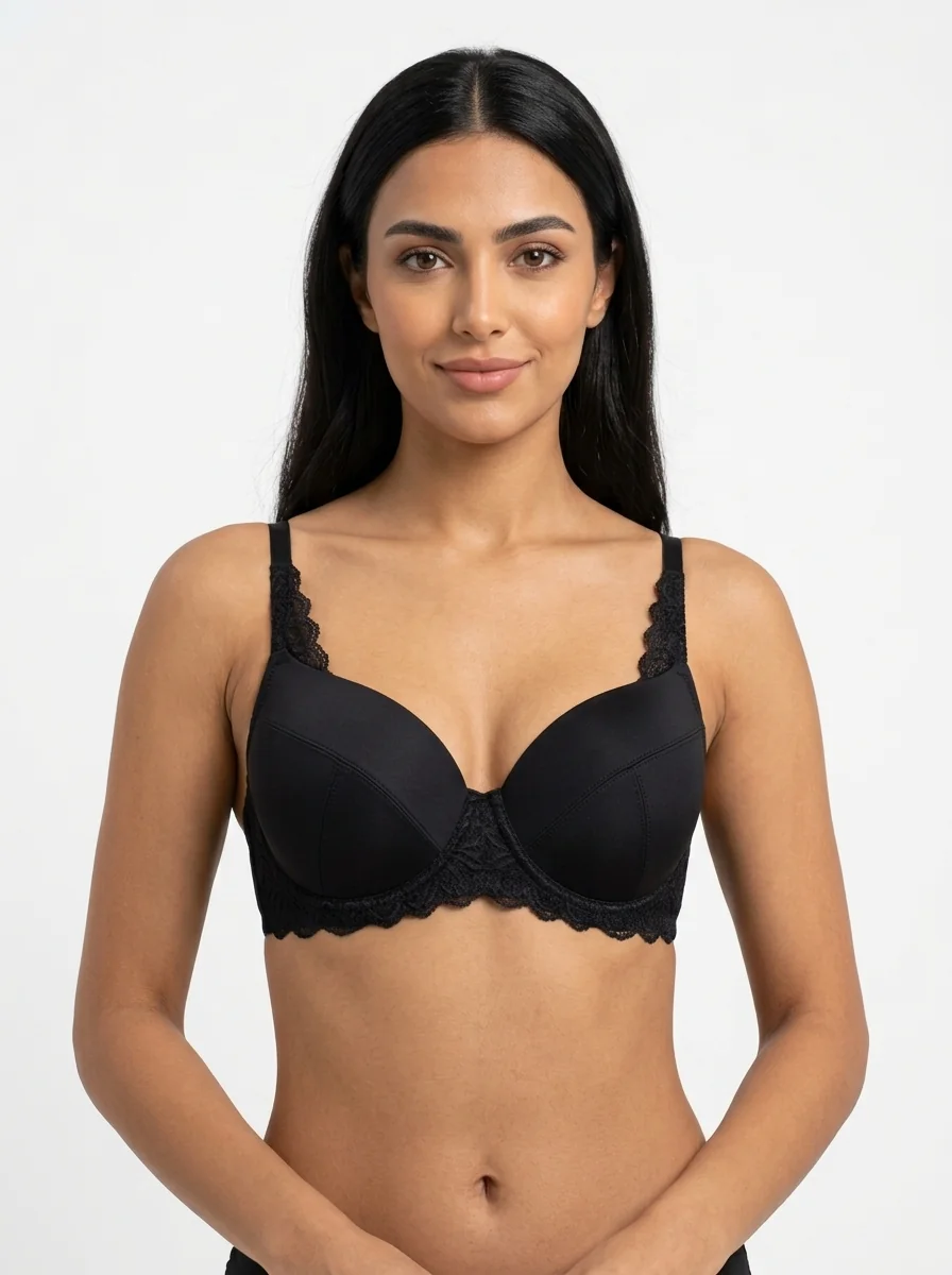 Woman_wearing_black_bra_202607180335 (2) Women's Wire-Free Plus-Size Convertible Comfort Bra with Lace Band - Image 1