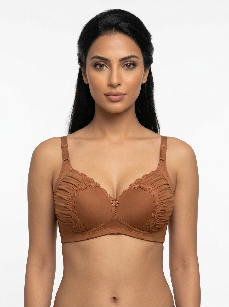 Woman_wearing_black_bra_202607181017 Women's Comfort Bra with Side-Ruched Lace Inset Cups - Image 1
