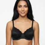 Women's Underwired Full-Coverage Support Bra with Smooth Satin and Floral Lace Panels