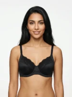 Women's Underwired Full-Coverage Support Bra with Smooth Satin and Floral Lace Panels