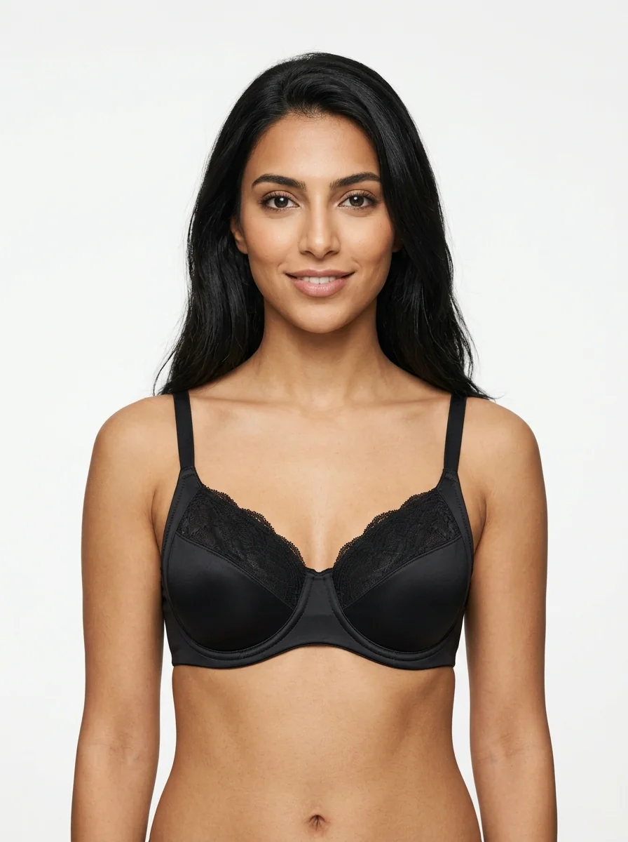 Woman_wearing_black_bra_202607190019 (2) Women's Underwired Full-Coverage Support Bra with Smooth Satin and Floral Lace Panels - Image 1