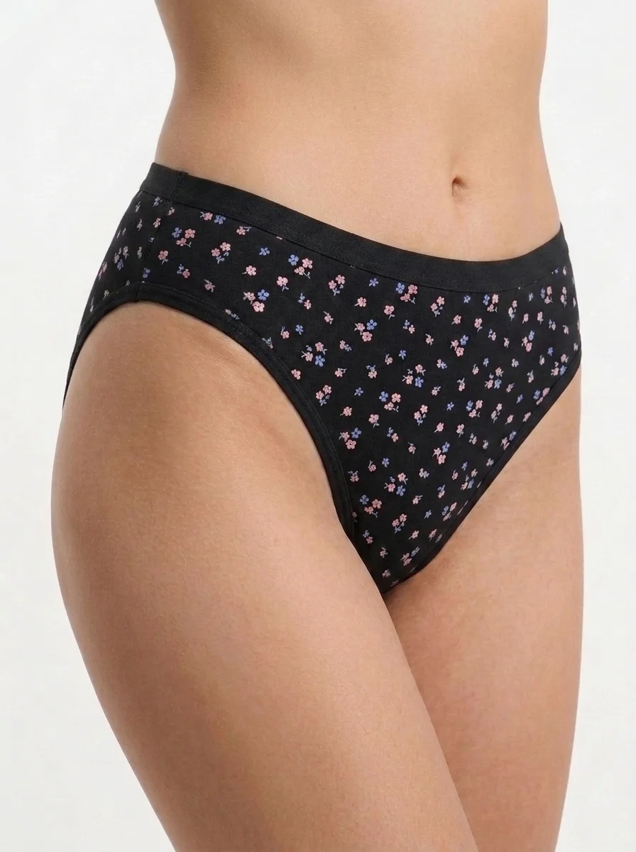 Woman_wearing_black_floral_under…_202608012146 Botanical-Bloom Cotton High-Leg Brief in Midnight Onyx - Image 1