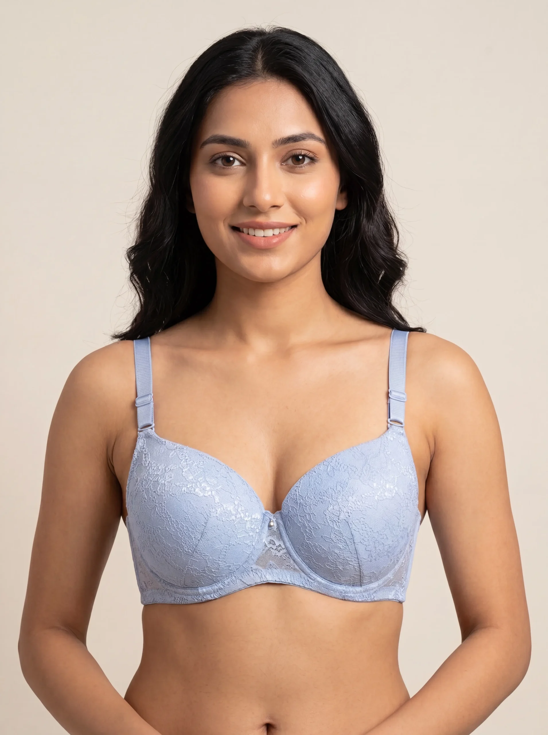 Woman_wearing_blue_lace_bra_202607042050 حمالة صدر ديمي غير مبطّنة بتطريز دنيم - الصورة 1