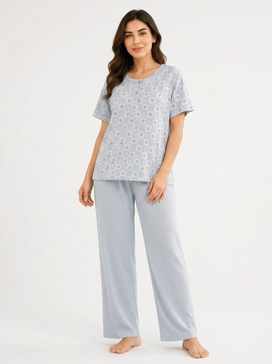 Woman_wearing_blue_pajama_set_202607150647 (1) Serene Sky Checker Floral Loungewear Set - Image 1
