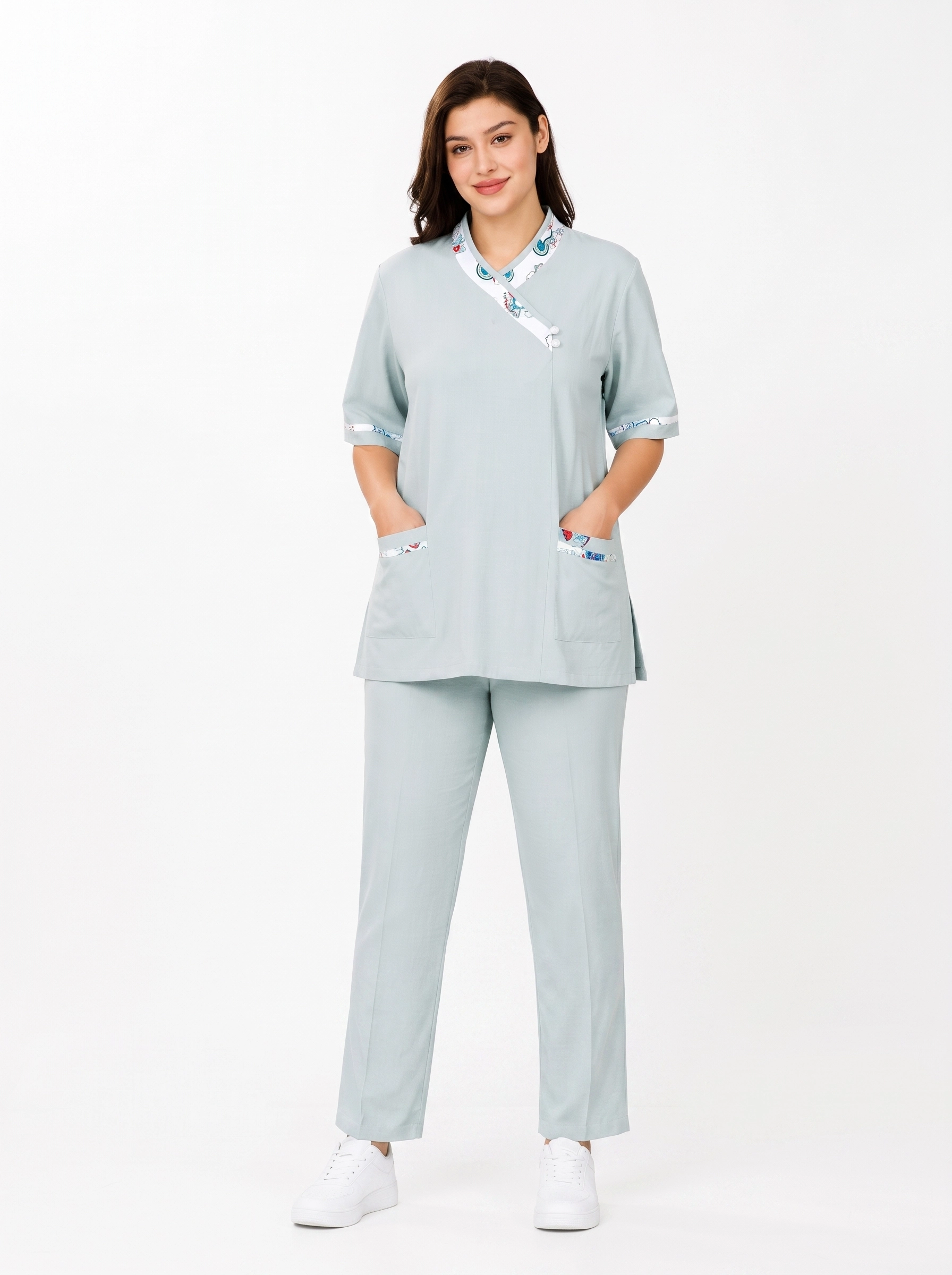 Woman_wearing_blue_uniform_2K_202607091522 (1) V-Neck Uniform - Image 1