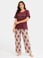 Crimson Medallion Ruffle-Sleeve Loungewear Set