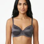 Women's Full-Coverage Support Bra with Smooth Satin and Floral Lace Panels
