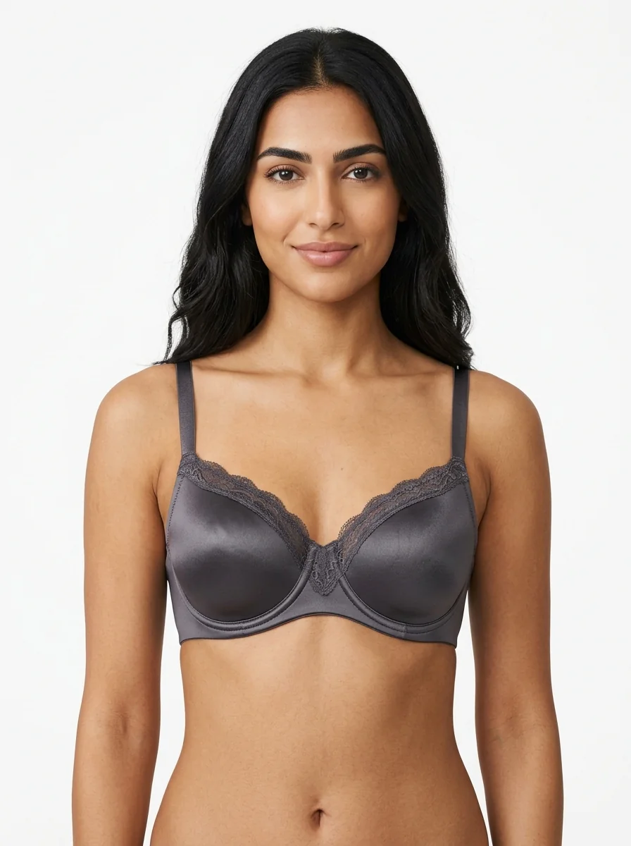 Woman_wearing_charcoal_gray_bra_202607190019 Women's Full-Coverage Support Bra with Smooth Satin and Floral Lace Panels - Image 1