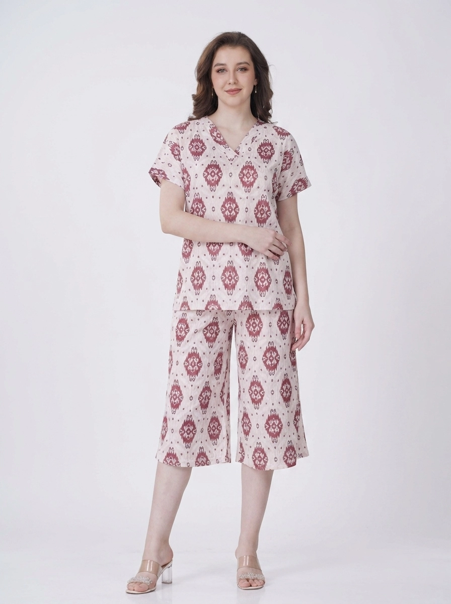 Woman_wearing_fashion_outfit_202607150556 Crimson Medallion Notch-Neck Loungewear Set - Image 1