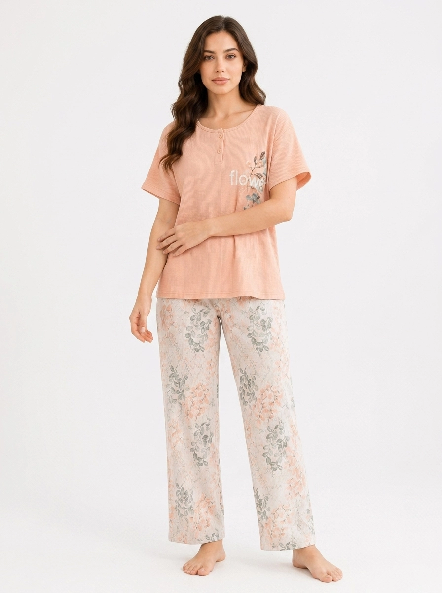 Woman_wearing_fashion_outfit_202607150655 Peach Willow Botanical Henley Loungewear Set - Image 1