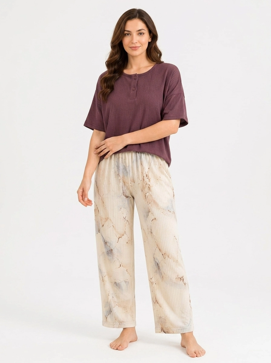 Woman_wearing_fashion_outfit_202607150701 Burgundy Marble Loungewear Set - Image 1