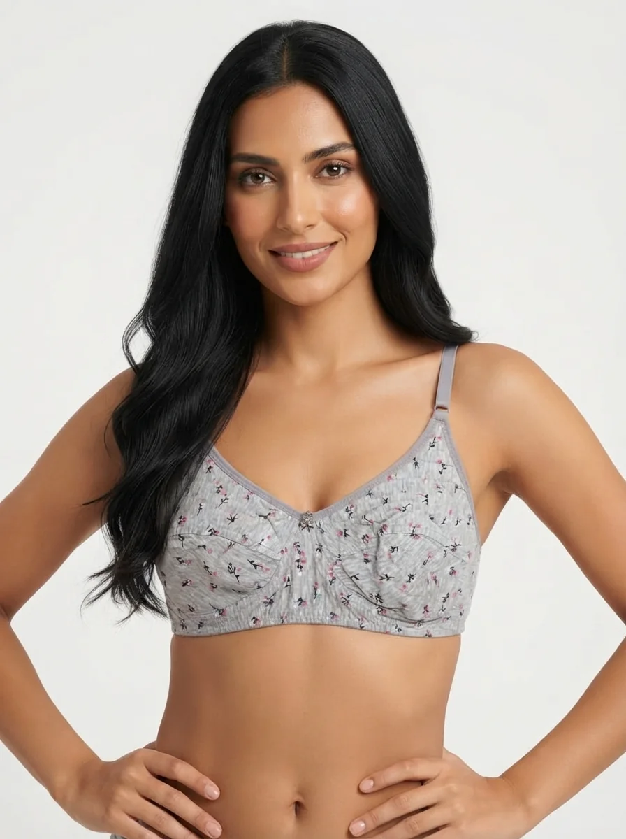 Woman_wearing_floral_bra_202607170704_4 Women's Premium Turkish Cotton Wire-Free Seamed Bra with Delicate Budding Floral Print - Image 1