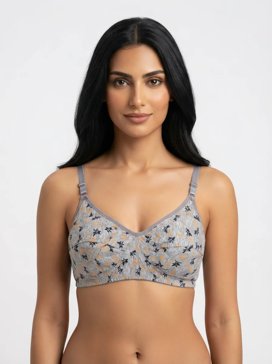 Woman_wearing_floral_bra_202607170704_7 Women's Premium Turkish Cotton Wire-Free Seamed Bra with Ditsy Leaf Print - Image 1