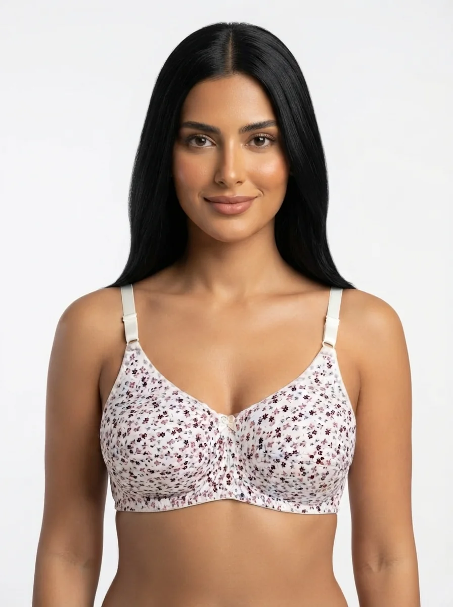 Woman_wearing_floral_print_bra_202607170704_4 Women's Underwired Soft Sponge Seamed Bra with Ditsy Meadow Floral Print - Image 1