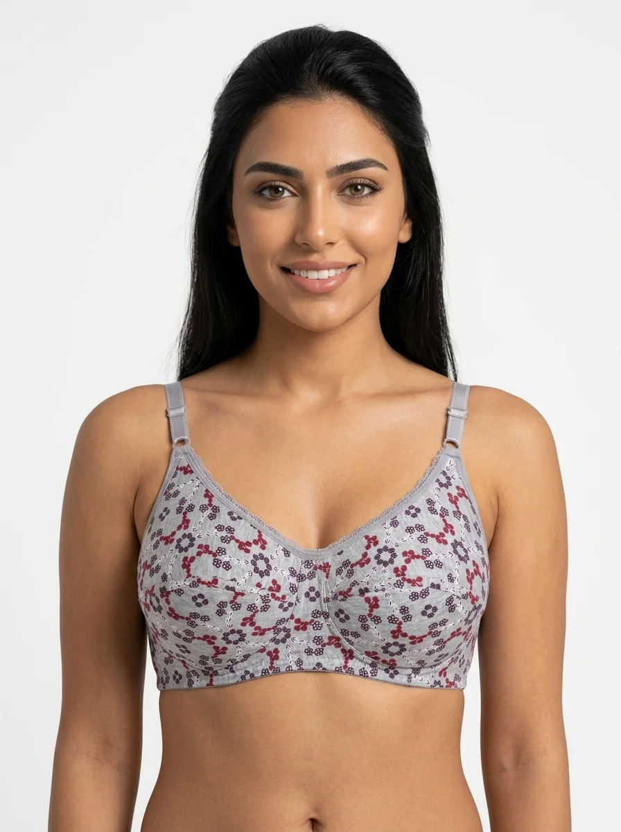 Woman_wearing_floral_print_bra_202607190019 Women's Premium Cotton Underwired Seamed Bra with Geometric Ditsy Floral Print - Image 1