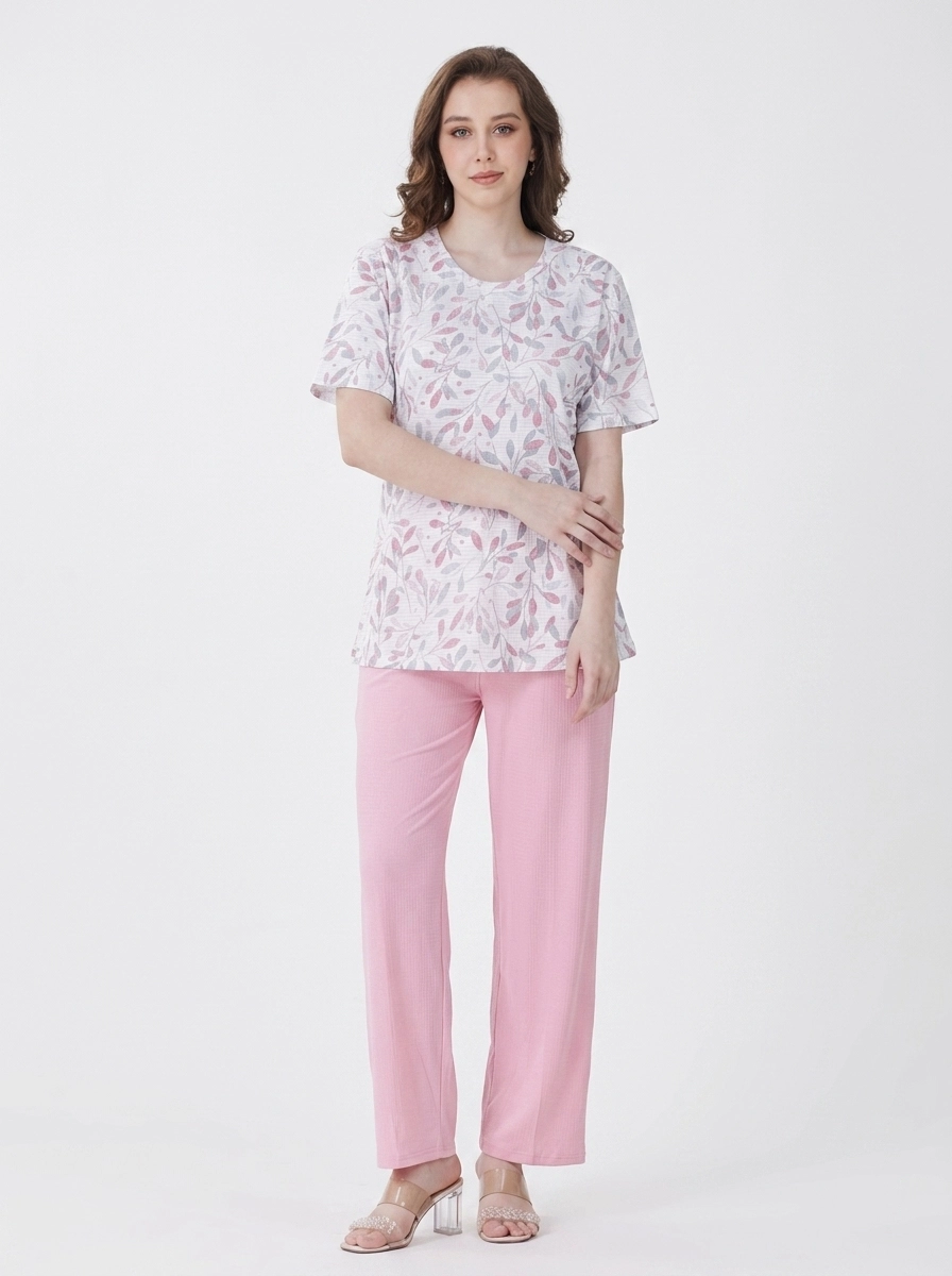 Woman_wearing_floral_top_pink_202607150522 (2) Blush Meadow Botanical Loungewear Set - Image 1