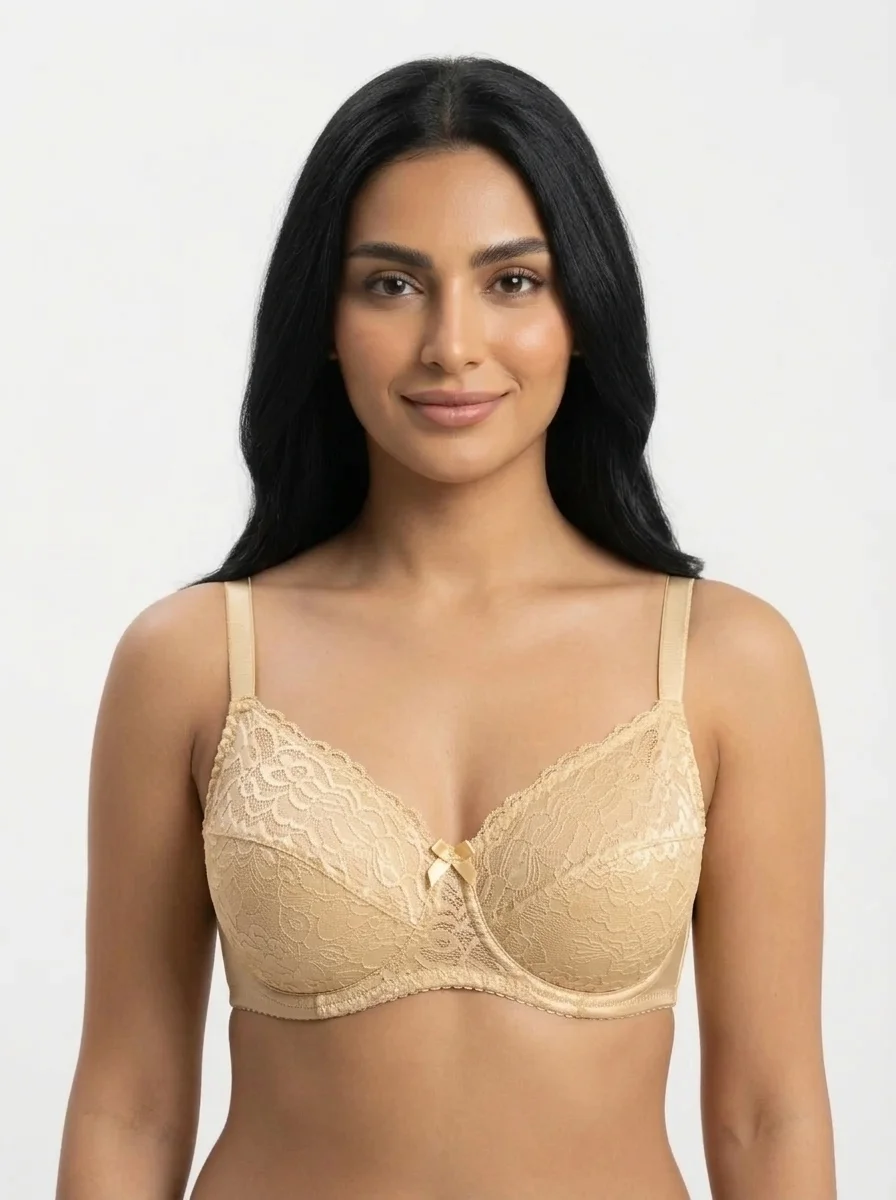 Woman_wearing_gold_floral_bra_202607310415 (1) Women's Wire-Free Plus-Size Balconette Comfort Bra with Eyelet Lace Trim - Image 1