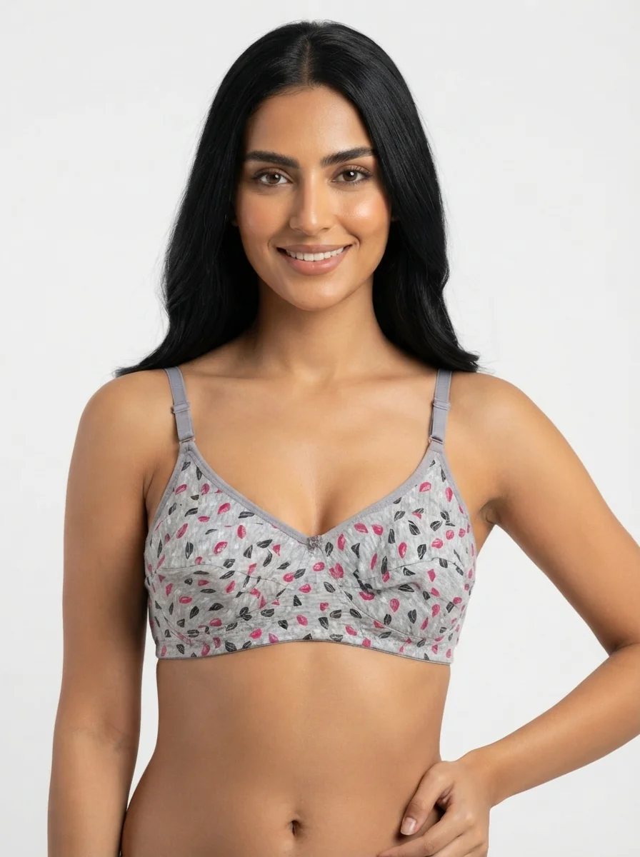 Woman_wearing_gray_bra_202607170704_5 Women's Premium Turkish Cotton Wire-Free Seamed Bra with Dual-Tone Leaf Print - Image 1
