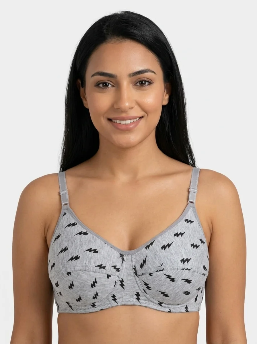 Woman_wearing_gray_bra_202607190018 (1) Women's Underwired Soft Sponge Seamed Bra with Retro Lightning Bolt Print - Image 1