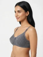 Women's Premium Turkish Cotton Wire-Free Seamed Bra in Charcoal Grey Melange - Image 3