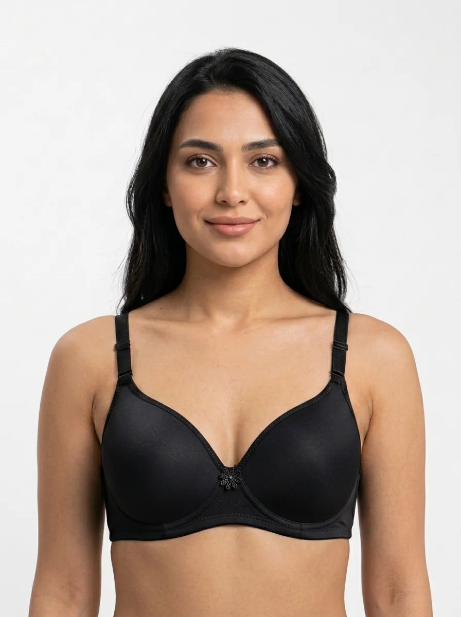 Woman_wearing_gray_top_floral_202607180234 Women's Wire-Free Smooth T-Shirt Bra with Floral Centerpiece - Image 1
