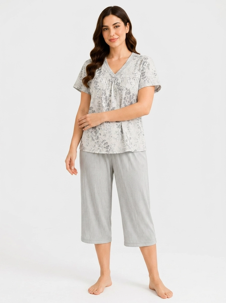 Woman_wearing_gray_top_pants_202607150721 (1) Silver Willow Botanical Loungewear Set - Image 1