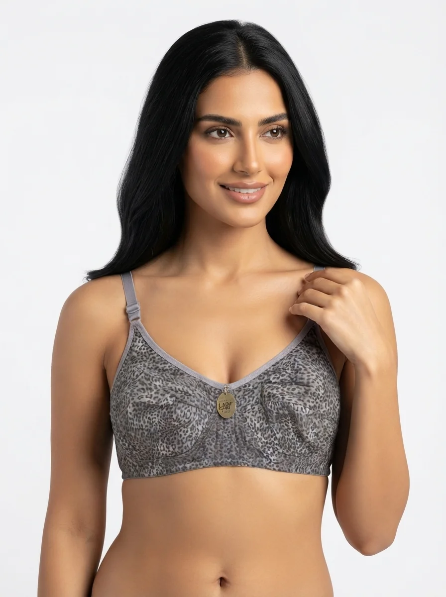 Woman_wearing_grey_leopard_print…_202607170704_2 Women's Premium Turkish Cotton Wire-Free Seamed Bra with Subtle Grey Leopard Print - Image 1