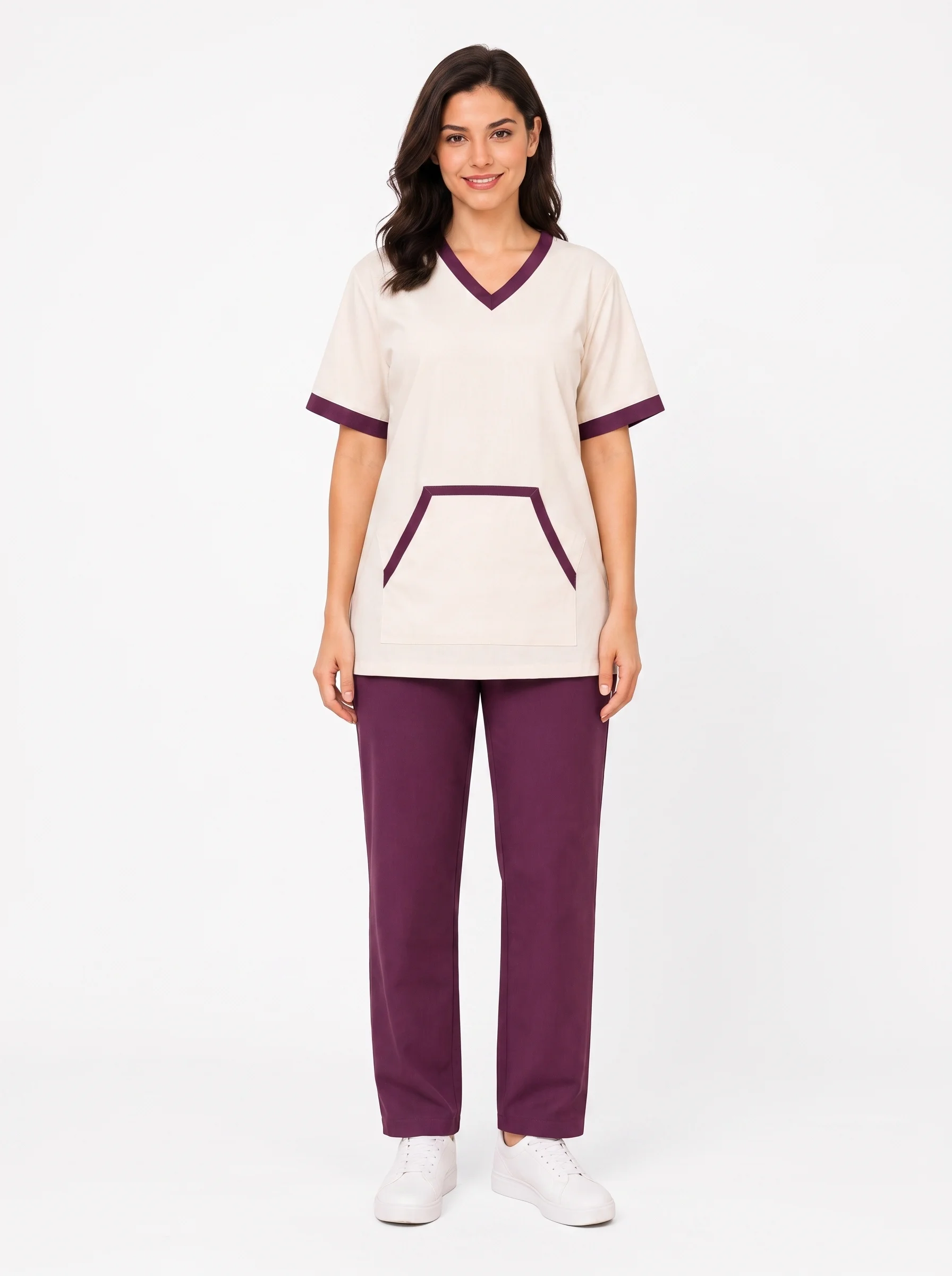 Woman_wearing_healthcare_uniform_2K_202607091615 Geometric Pouch Pocket V-Neck Uniform - Image 1