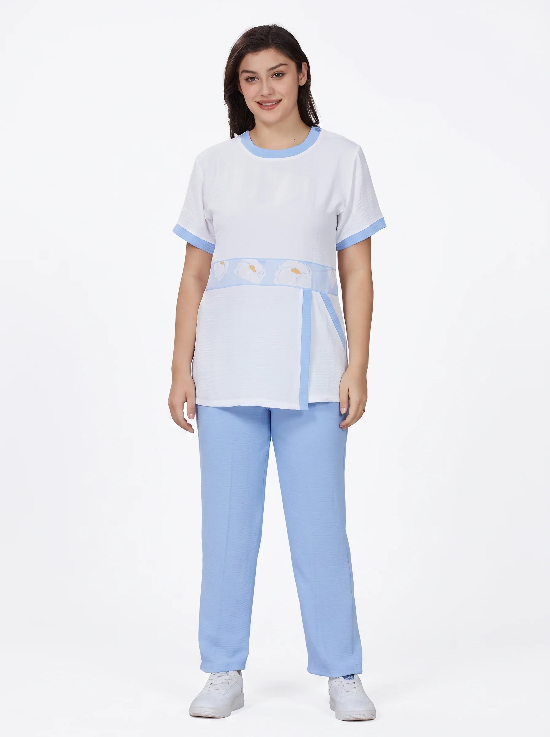 Woman_wearing_healthcare_uniform_2K_202607091629 (1) Waist-Band Round-Neck Uniform - Image 1