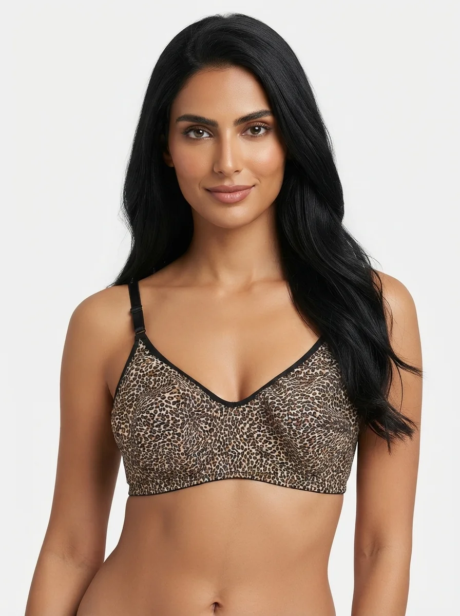 Woman_wearing_leopard_print_bra_202607170704_6 Women's Premium Turkish Cotton Wire-Free Seamed Bra with High-Contrast Leopard Print - Image 1