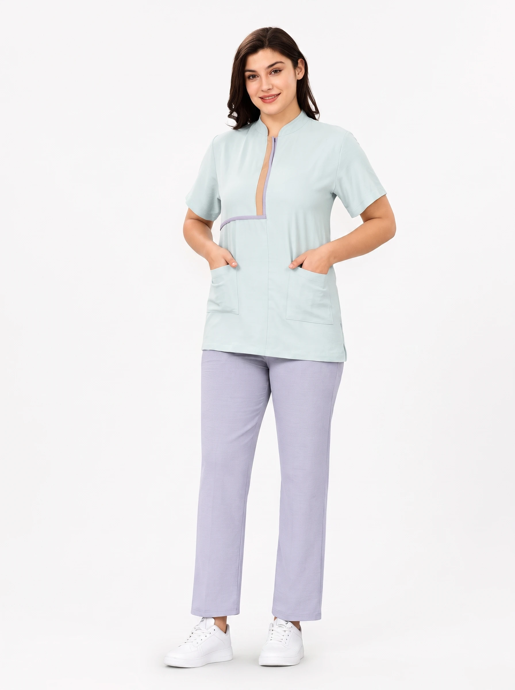 Woman_wearing_light_blue_uniform_202607091539 Mandarin Collar Asymmetric Uniform - Image 1