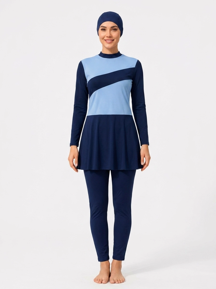 Woman_wearing_navy_blue_swimwear_202607100257 Women's Colorblock Modest Skirted Swimsuit Set - Image 1