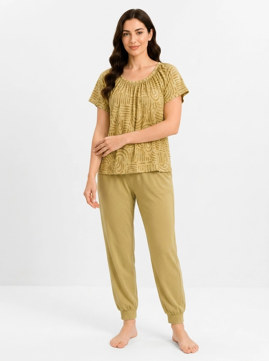 Woman_wearing_olive_green_pajama…_202607150638 (1) Olive Arch Abstract Loungewear Set - Image 1