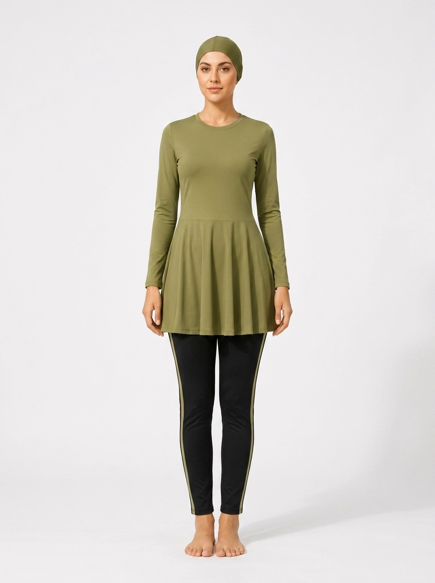 Woman_wearing_olive_green_swimwear_202607100315 (1) Women's Modest Skirted Swimsuit Set - Image 1
