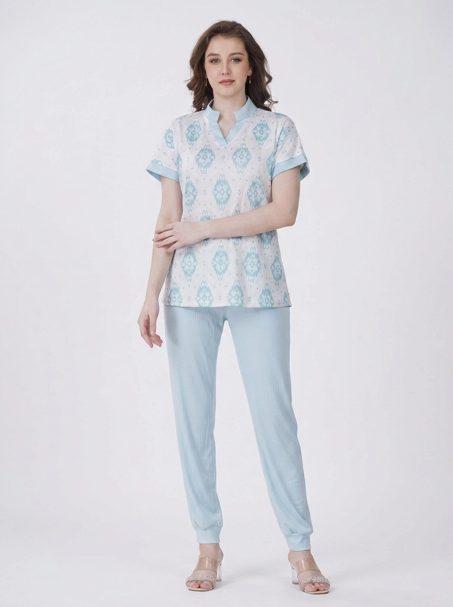 Woman_wearing_pajama_set_202607150547 (1) Aquamarine Medallion Mandarin Loungewear Set - Image 1