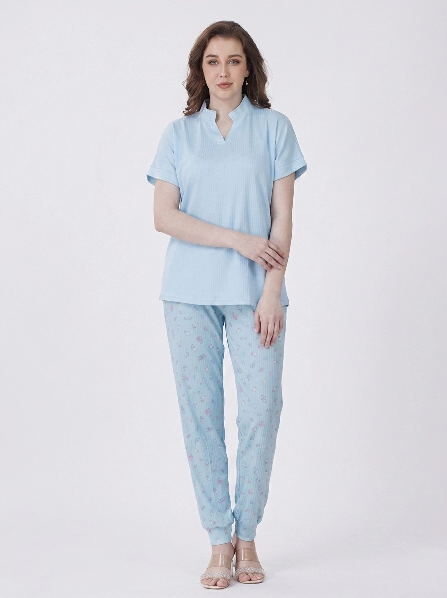 Woman_wearing_pajama_set_202607150600 Sky Blue Mandarin Loungewear Set - Image 1