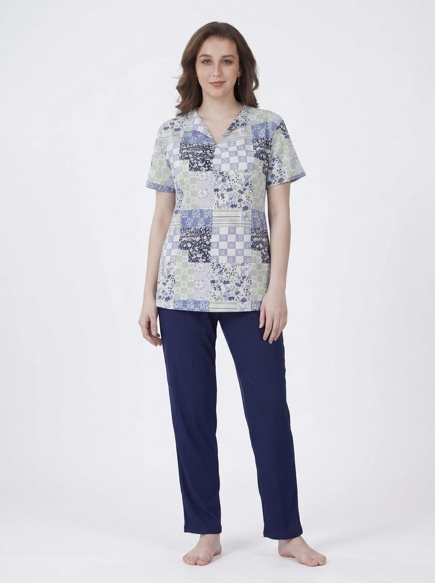 Woman_wearing_patchwork_top_trou…_202607150636 (1) Sage & Slate Patchwork Botanical Loungewear Set - Image 1