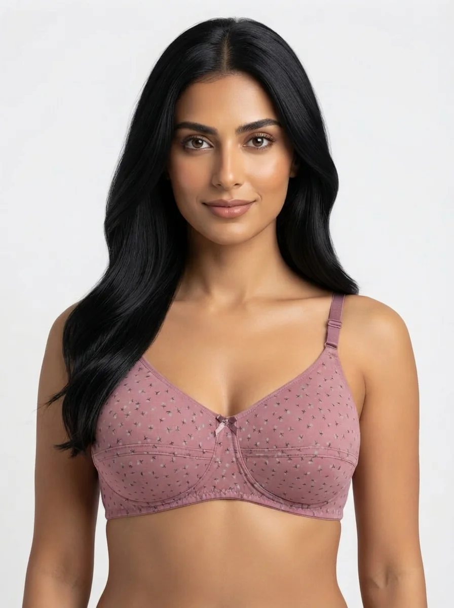 Woman_wearing_pink_bra_202607170704_3 Women's Wire-Free Soft Sponge Under-Bust Seamed Bra with Minimalist Tulip Stem Print - Image 1