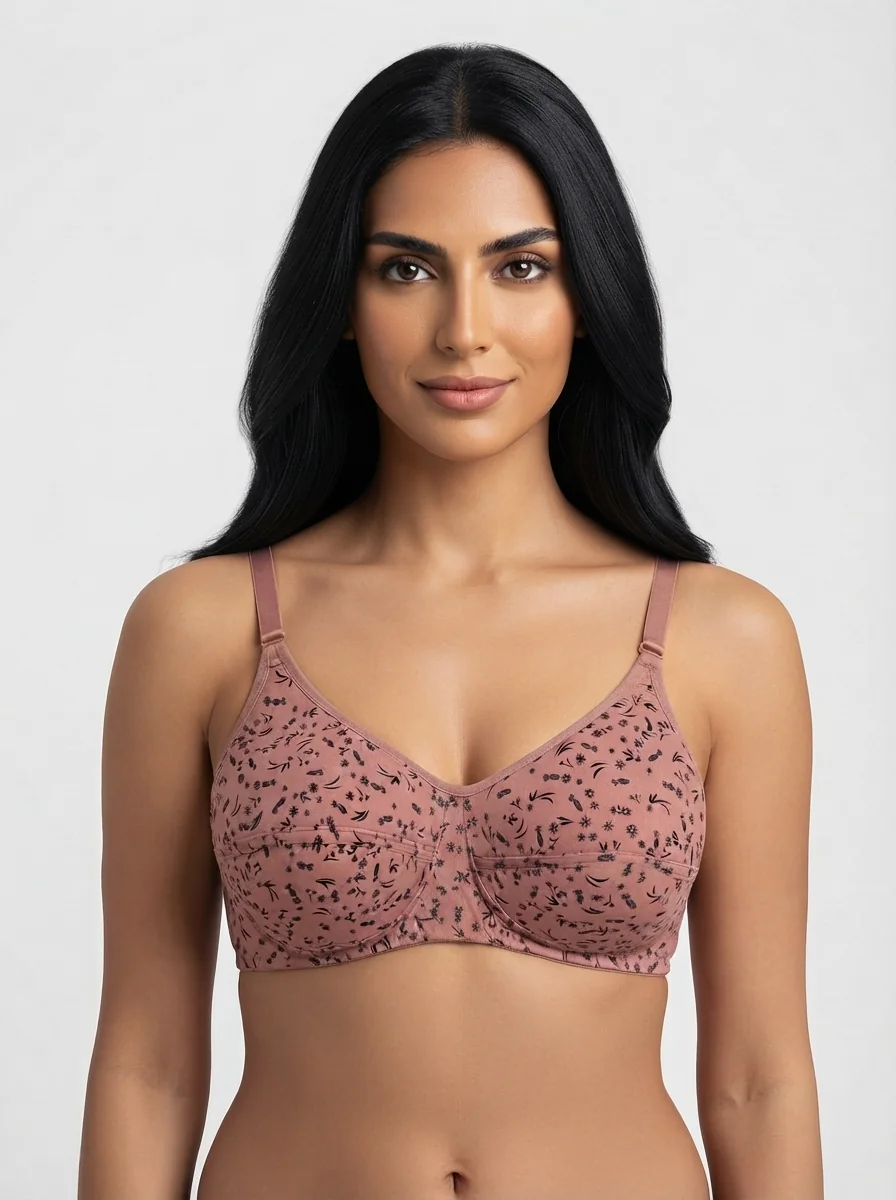 Woman_wearing_pink_bra_202607170704_4 Women's Wire-Free Soft Sponge Under-Bust Seamed Bra with Botanical Vine Print - Image 1