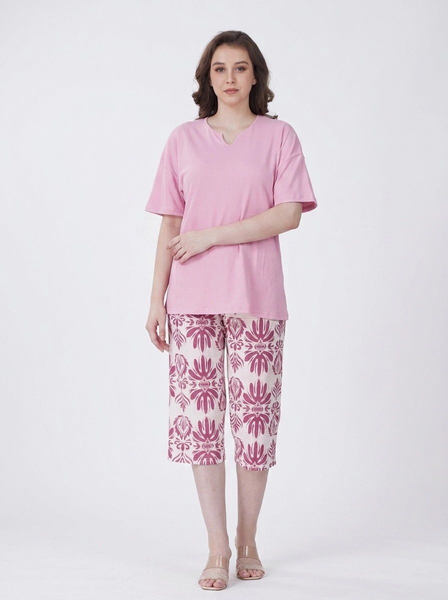 Woman_wearing_pink_t-shirt_capri…_202607150532 (1) Rose Quartz Damask Loungewear Set - Image 1