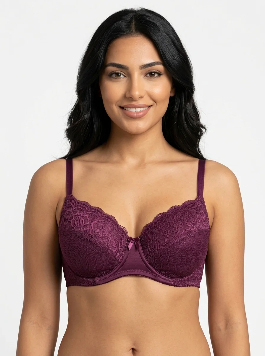 Woman_wearing_purple_bra_202607180713 (1) Women's Comfort Bra with Lace Trim and Sheer Lace Band - Image 1