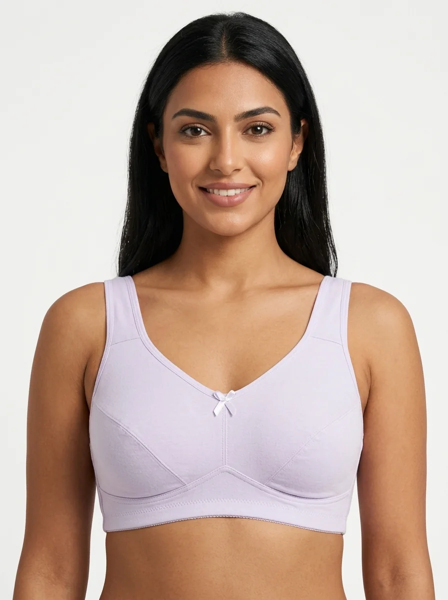 Woman_wearing_purple_bra_202607190023 Women's Pure Cotton Bra with Gathered Support Panels - Image 1