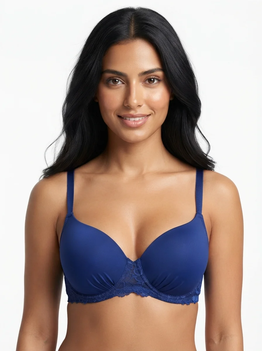 Woman_wearing_royal_blue_bra_202607180248 Women's Wire-Free Plus-Size Convertible Comfort Bra with Full Lace Band - Image 1