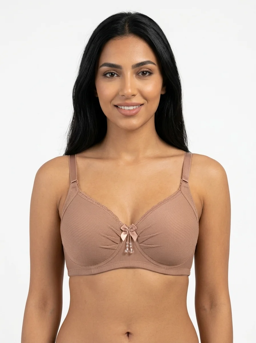 Woman_wearing_satin_lace_bra_202607180237 Women's Wire-Free Plus-Size Comfort Bra with Pleated Accent - Image 1