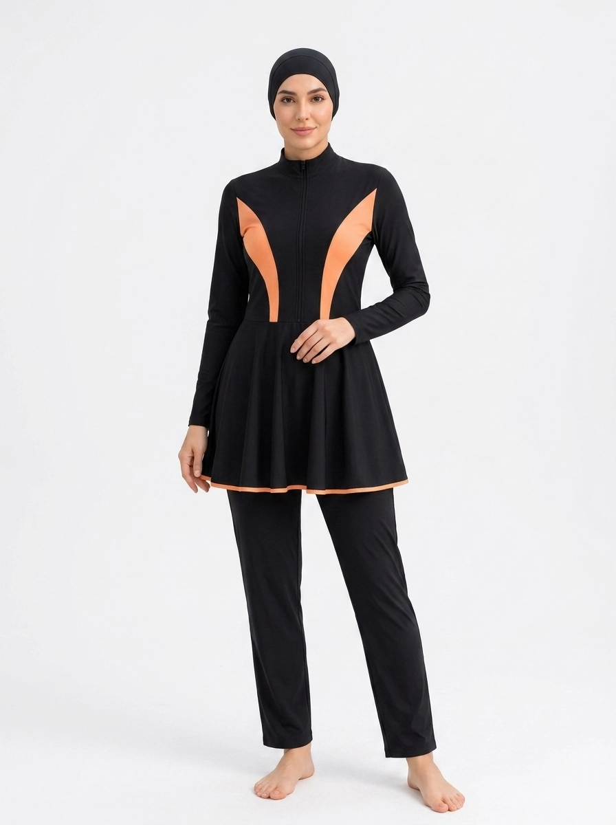 Woman_wearing_swimsuit_202607100341 (2) Women's Colorblock Modest Skirted Swimsuit Set - Image 1