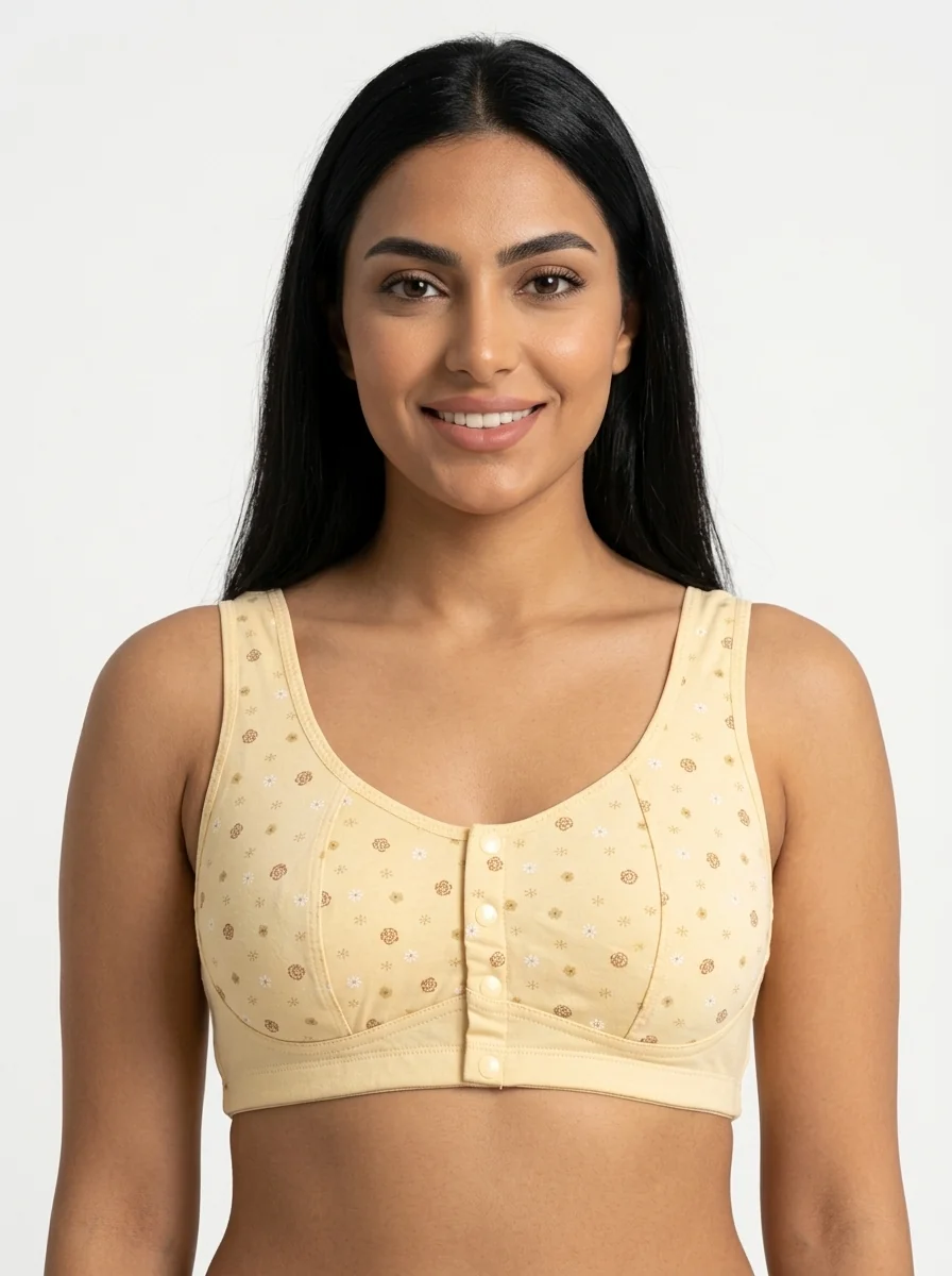 Woman_wearing_yellow_bra_202607190022 Women's Pure Cotton Front-Button Wireless Crop Bra with Ditsy Floral and Rose Print - Image 1