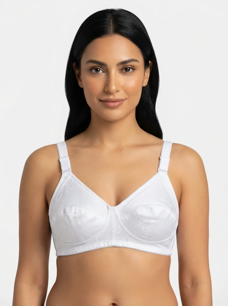 Woman_with_olive_skin_smiling_202607170704 Women's Wire-Free Full-Coverage Support Bra with Multi-Stitch Reinforced Framing - Image 1
